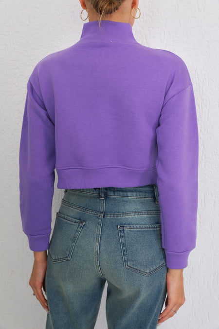 Kadın Lila Fermuarlı Kalın İçi Polarlı Örme Sweatshirt Crop - MALLTURK