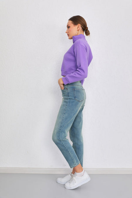 Kadın Lila Fermuarlı Kalın İçi Polarlı Örme Sweatshirt Crop - MALLTURK