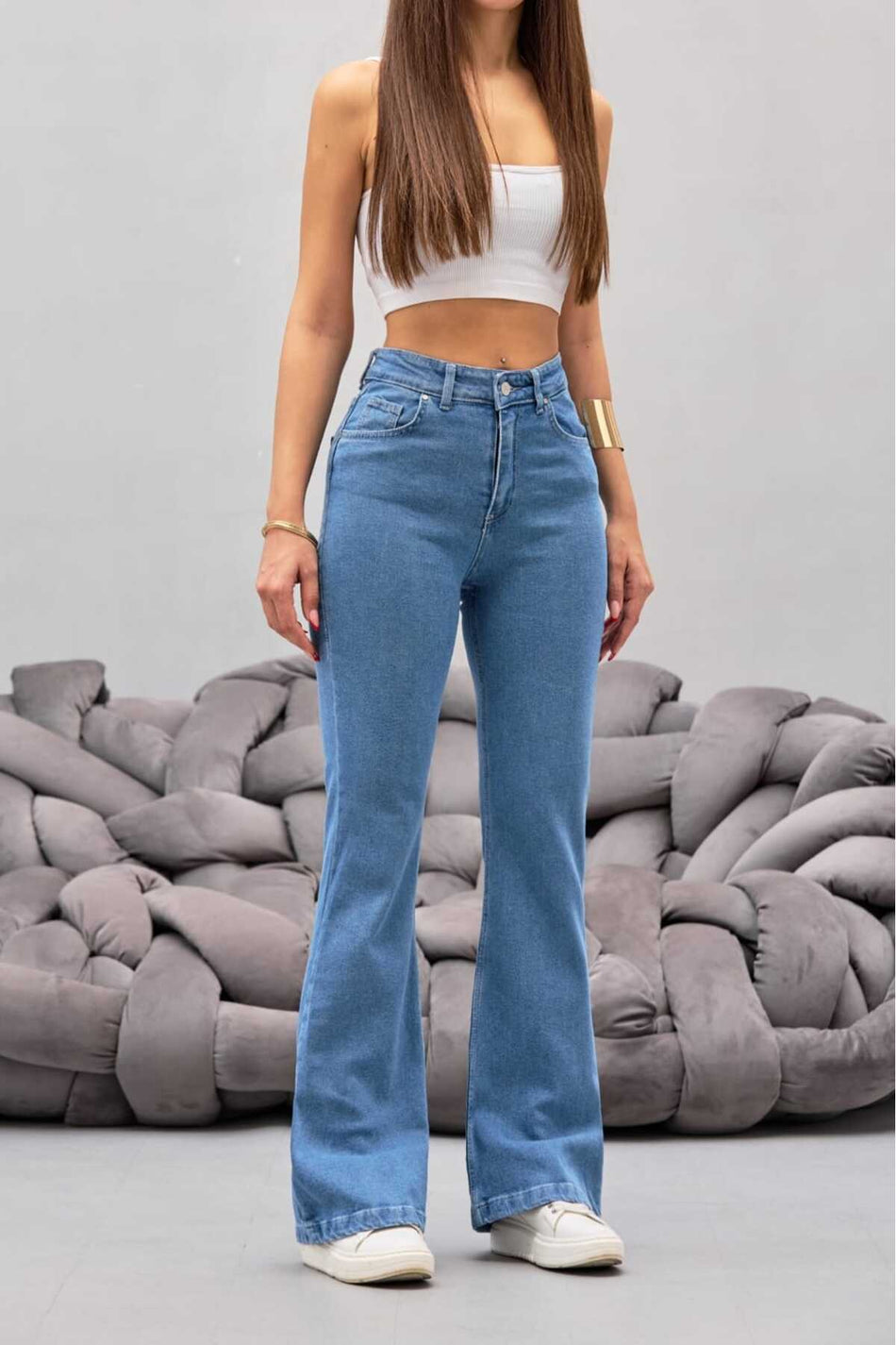 Kadın MAVİ Yüksek Bel Esnek Ispanyol Paça Jeans - MALLTURK