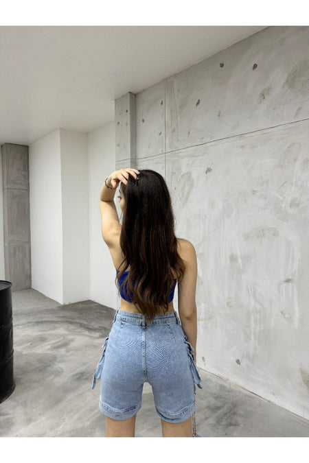 Kadın Metalik Kargo Cepli Yüksek Bel Esnek Şort Jeans - MALLTURK