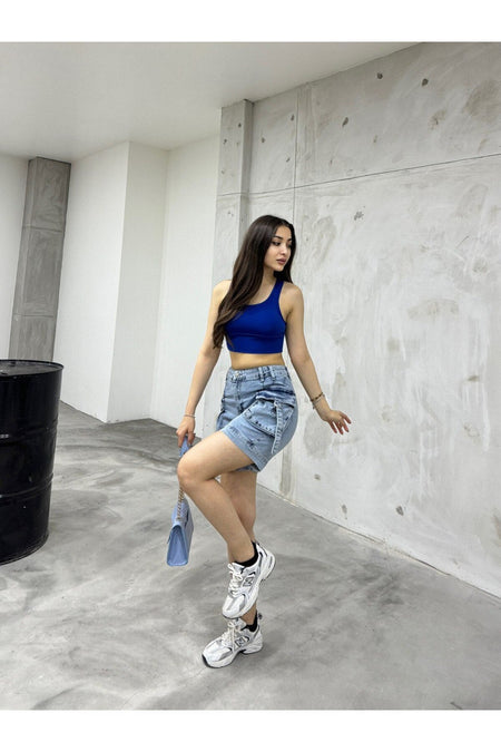 Kadın Metalik Kargo Cepli Yüksek Bel Esnek Şort Jeans - MALLTURK