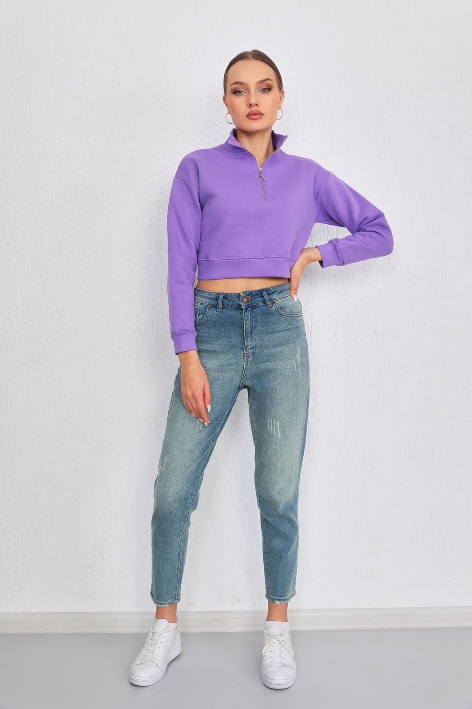 Kadın Mor Fermuarlı Kalın İçi Polarlı Örme Sweatshirt Crop - MALLTURK