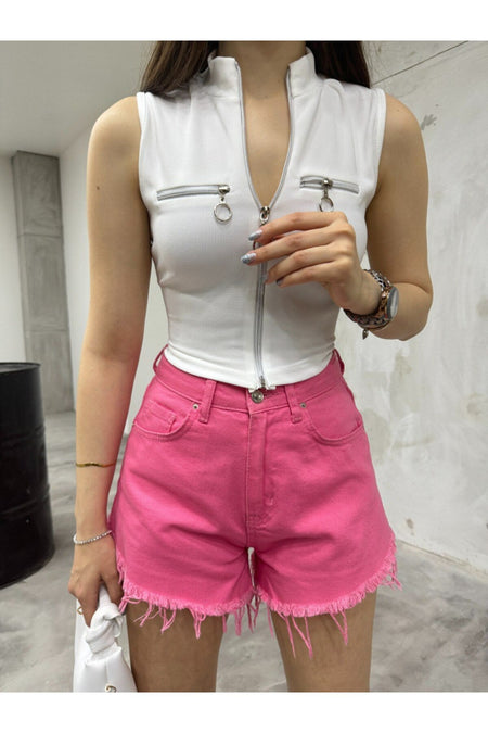 Kadın Ön Fermuarlı Kolsuz Kaşkorse Crop Body beyaz - MALLTURK