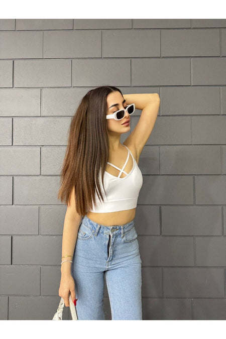 Kadın Önü çapraz İp Askılı Pedli Crop Top Büstiyer BEYAZ - MALLTURK