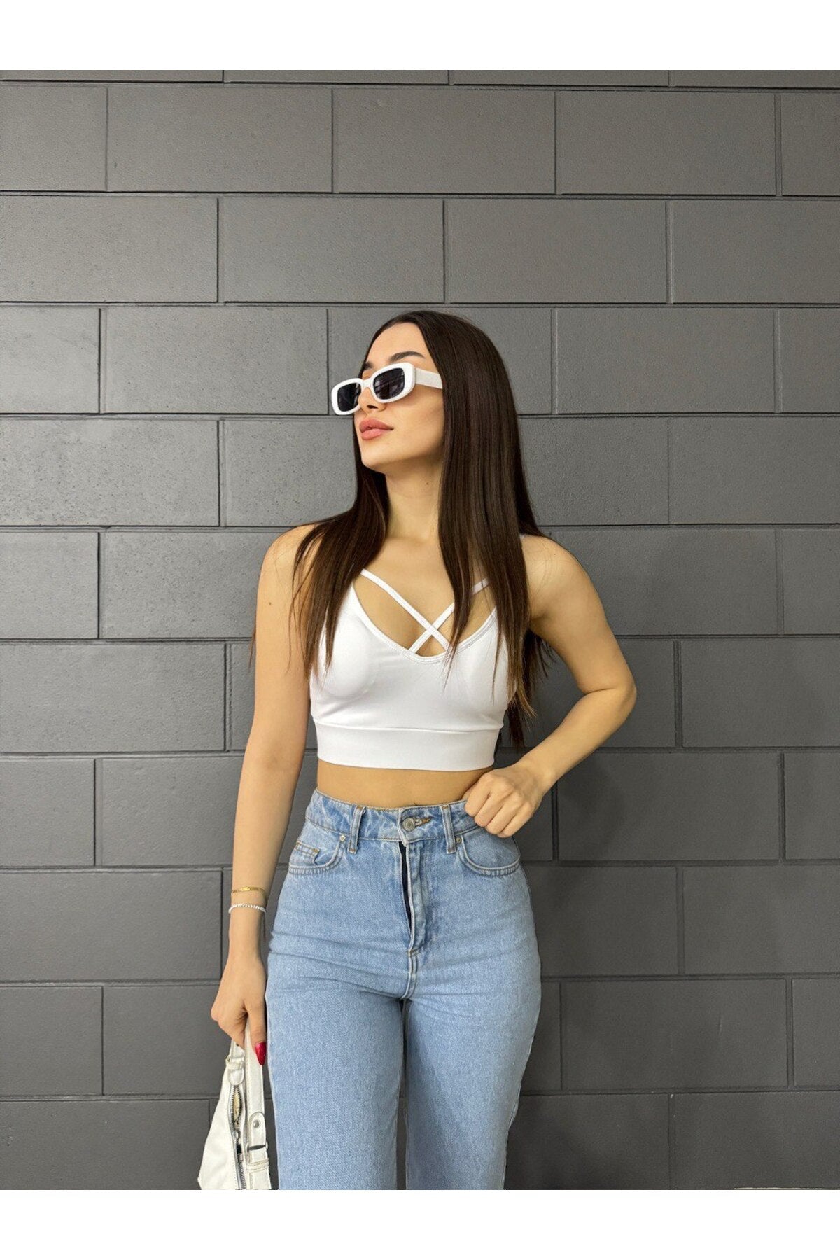Kadın Önü çapraz İp Askılı Pedli Crop Top Büstiyer BEYAZ - MALLTURK