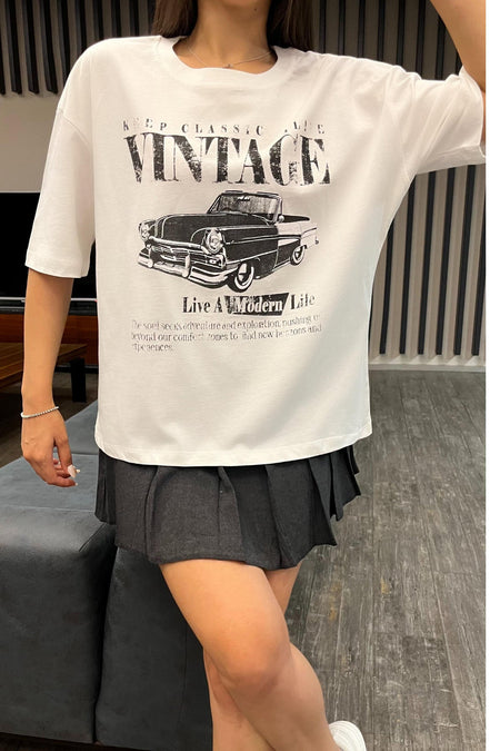Kadın Özel Dijital Baskılı Oversize T-Shirt Beyaz - MALLTURK