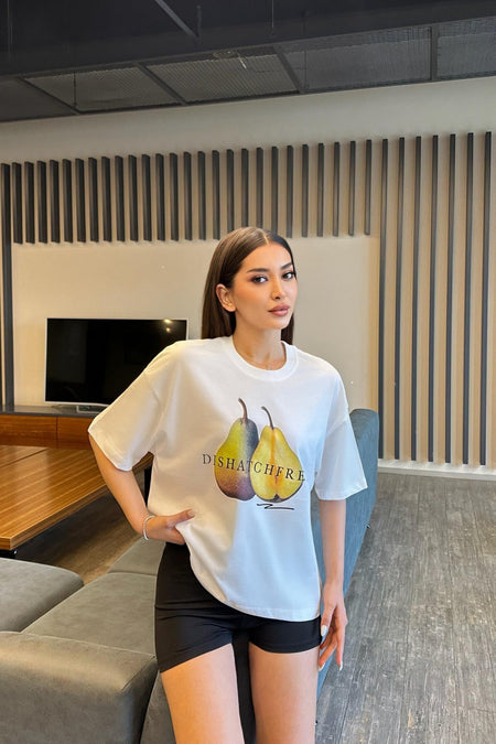 Kadın Özel Dijital Baskılı Oversize T-Shirt Kırık Beyaz - MALLTURK