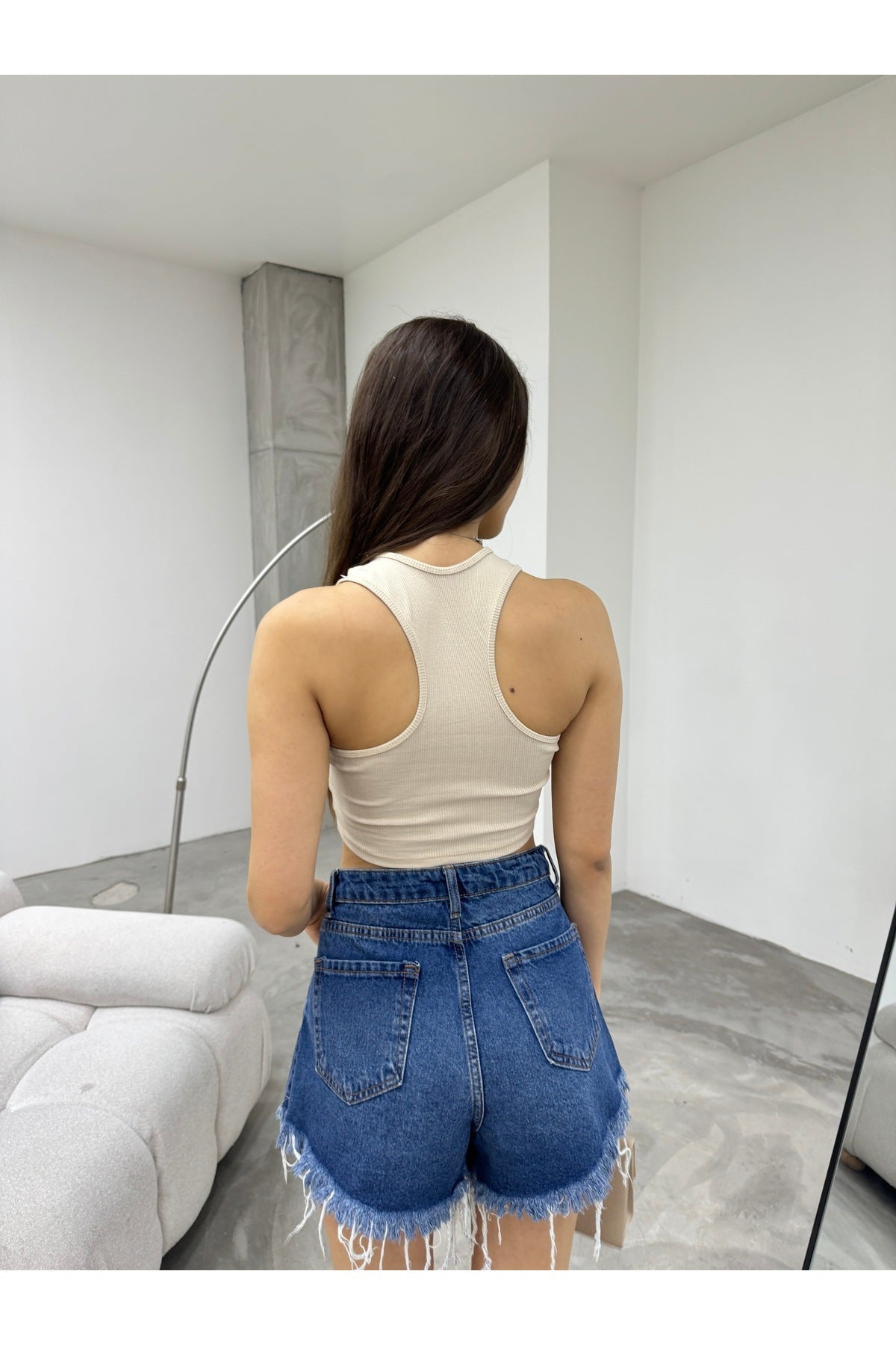 Kadın Oval Yaka Pamuklu fitilli Kaşkorse Crop Atlet Bej - MALLTURK