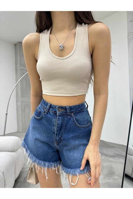 Kadın Oval Yaka Pamuklu fitilli Kaşkorse Crop Atlet Bej - MALLTURK