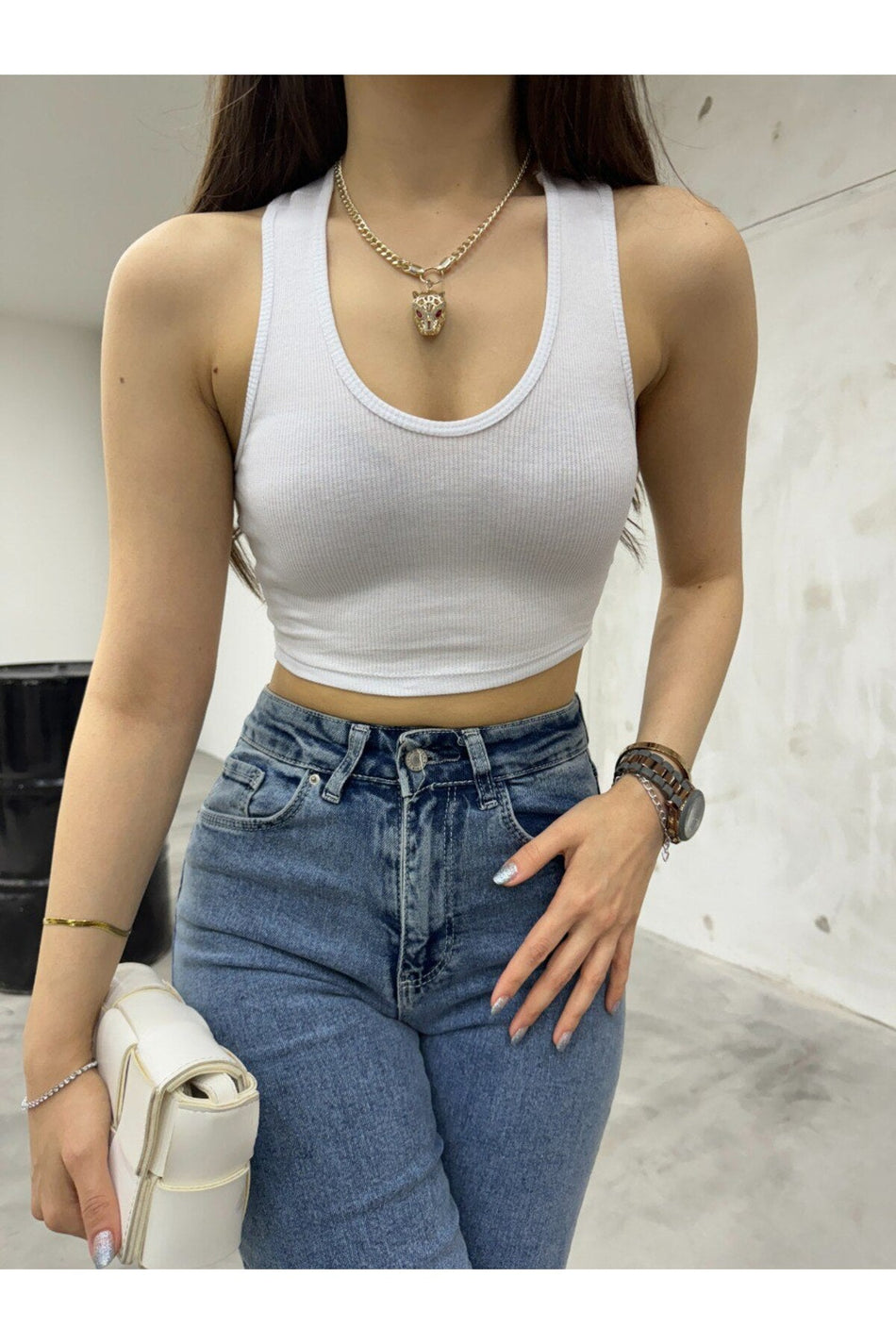 Kadın Oval Yaka Pamuklu fitilli Kaşkorse Crop Atlet beyaz - MALLTURK