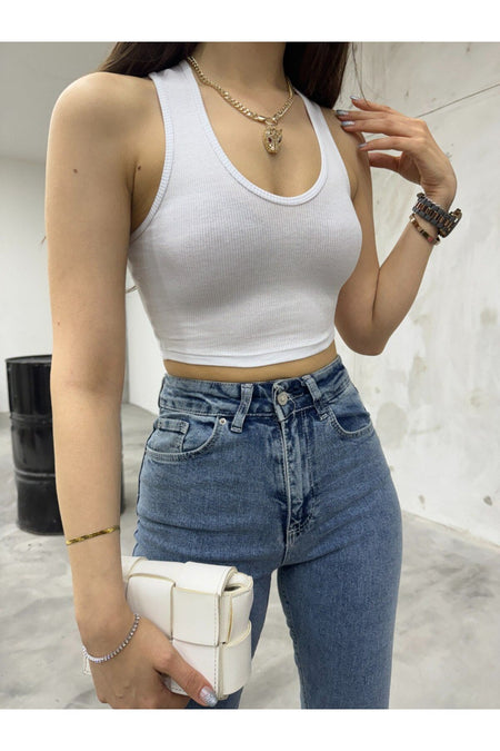 Kadın Oval Yaka Pamuklu fitilli Kaşkorse Crop Atlet beyaz - MALLTURK