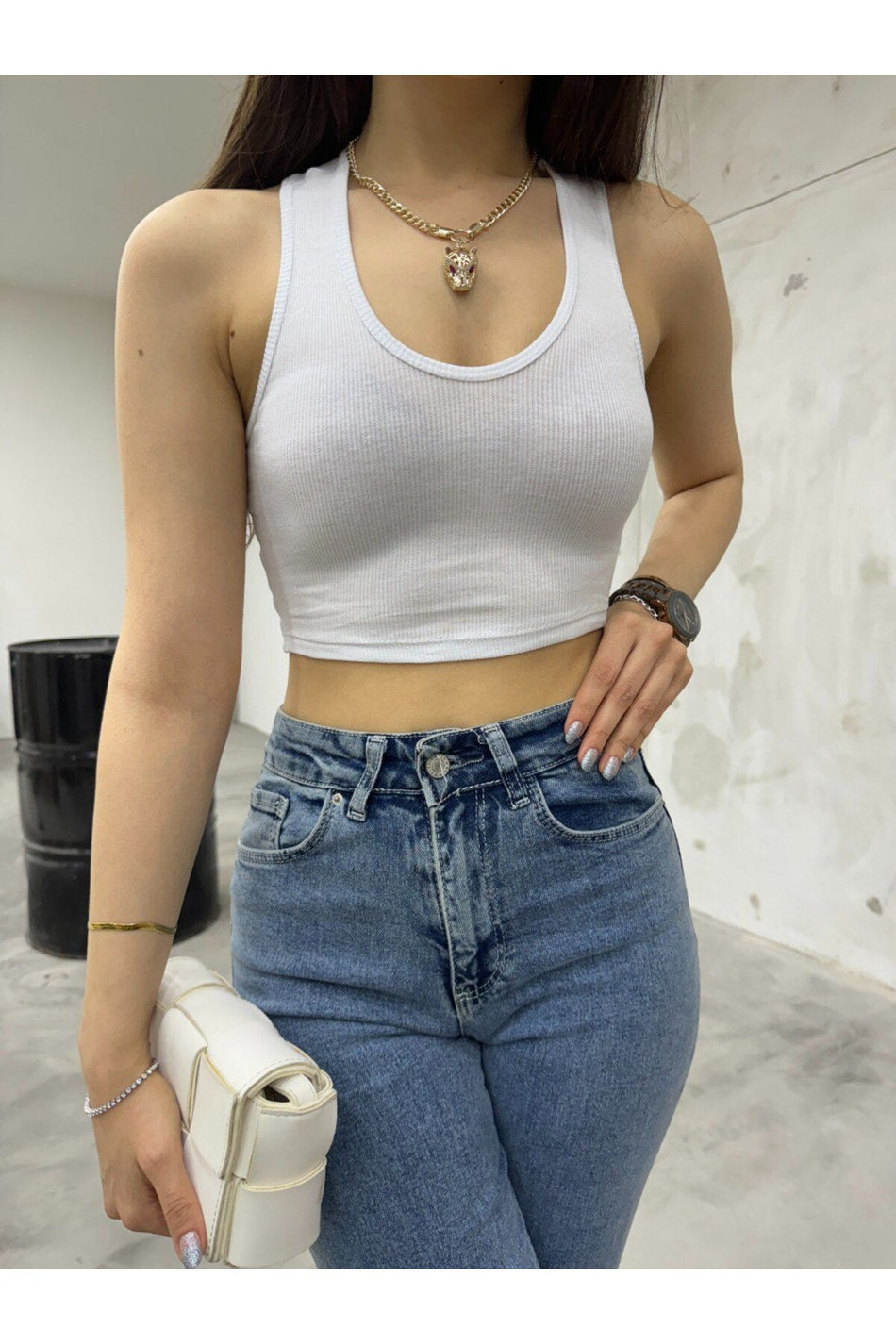 Kadın Oval Yaka Pamuklu fitilli Kaşkorse Crop Atlet beyaz - MALLTURK