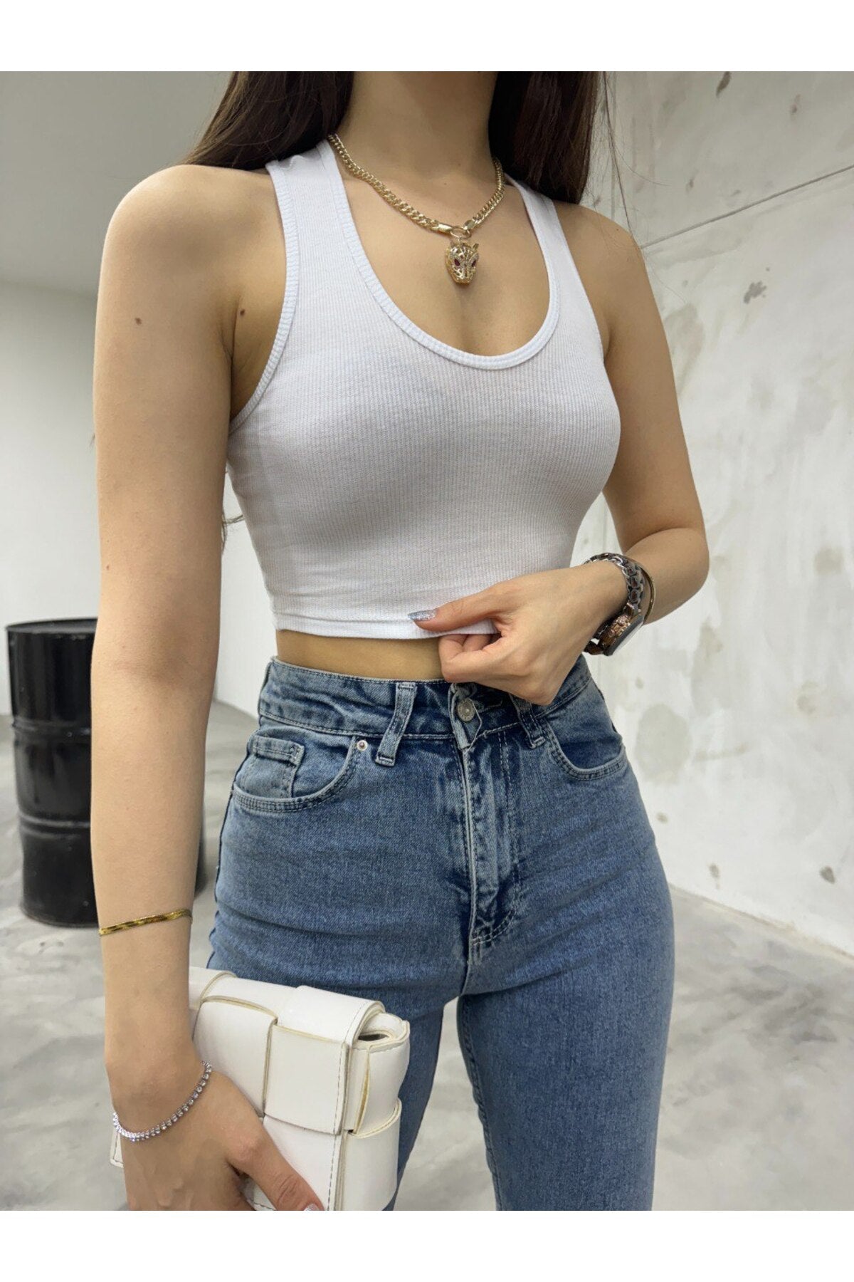 Kadın Oval Yaka Pamuklu fitilli Kaşkorse Crop Atlet beyaz - MALLTURK
