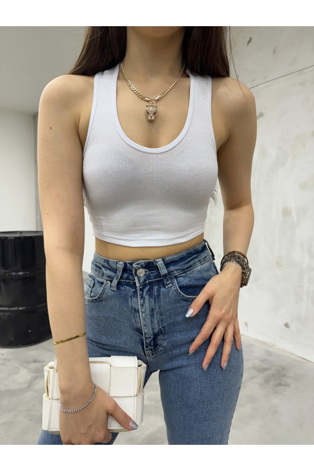 Kadın Oval Yaka Pamuklu fitilli Kaşkorse Crop Atlet beyaz - MALLTURK