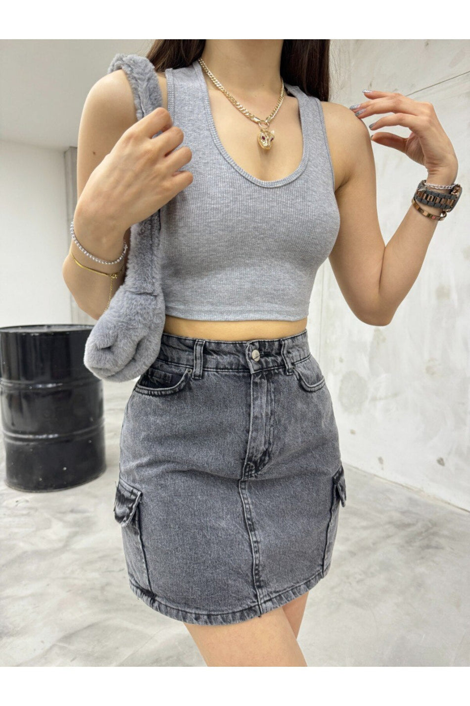 Kadın Oval Yaka Pamuklu fitilli Kaşkorse Crop Atlet gri - MALLTURK