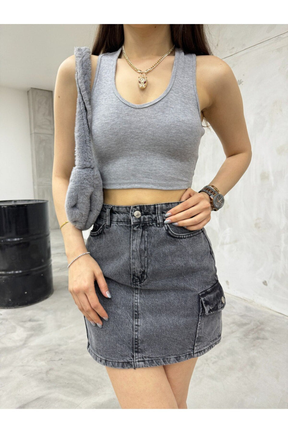 Kadın Oval Yaka Pamuklu fitilli Kaşkorse Crop Atlet gri - MALLTURK