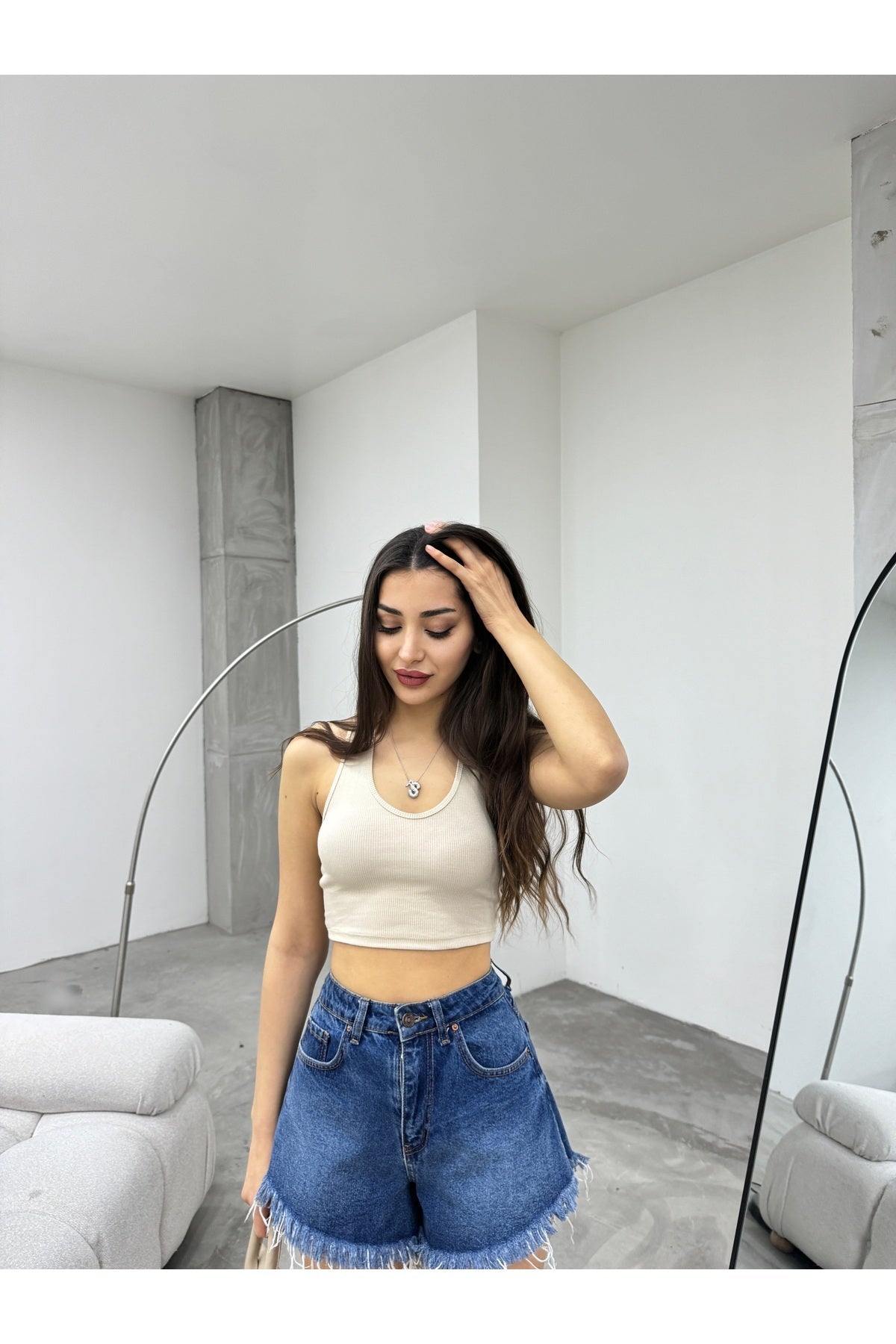 Kadın Oval Yaka Pamuklu fitilli Kaşkorse Crop Atlet Krem - MALLTURK