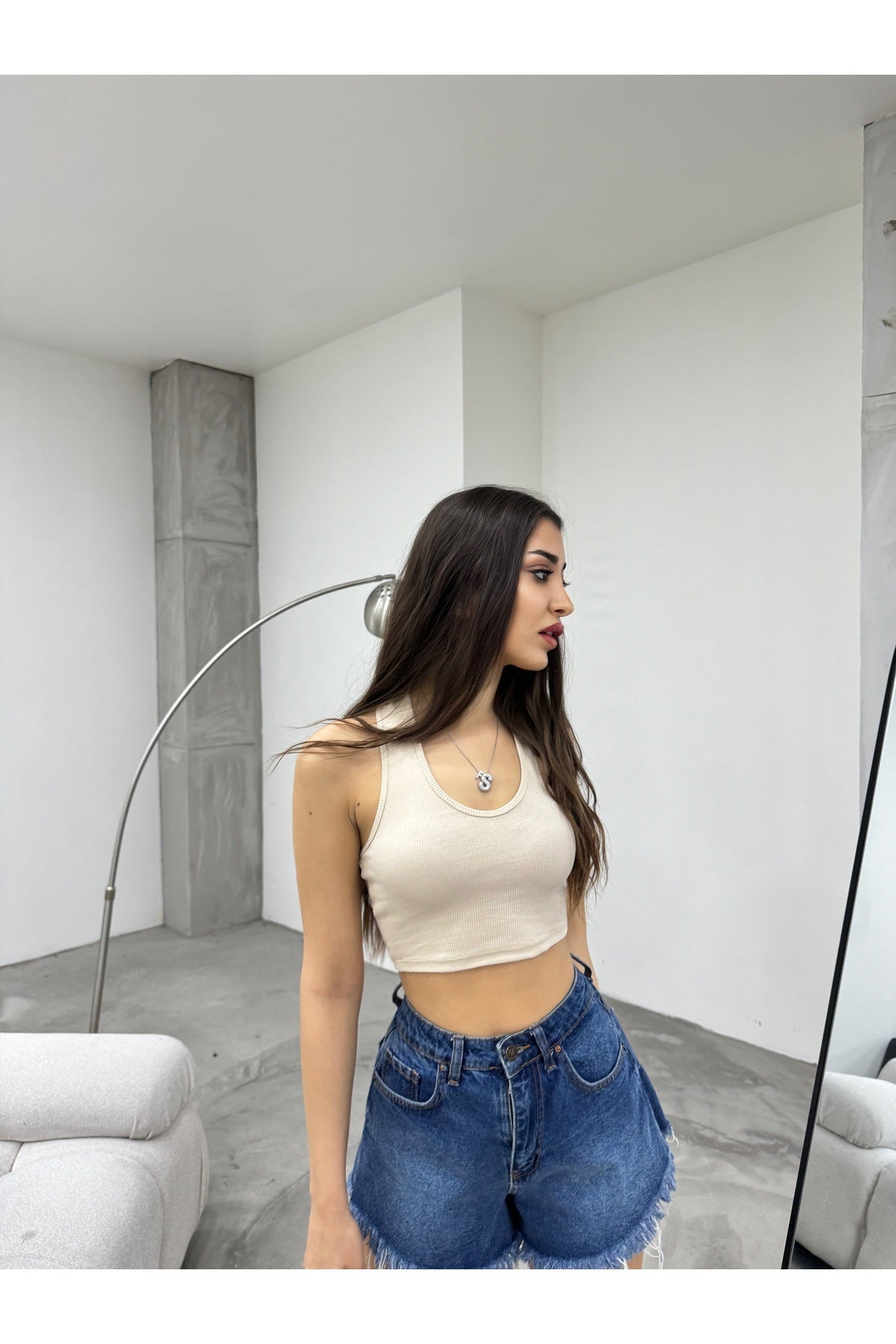 Kadın Oval Yaka Pamuklu fitilli Kaşkorse Crop Atlet Krem - MALLTURK
