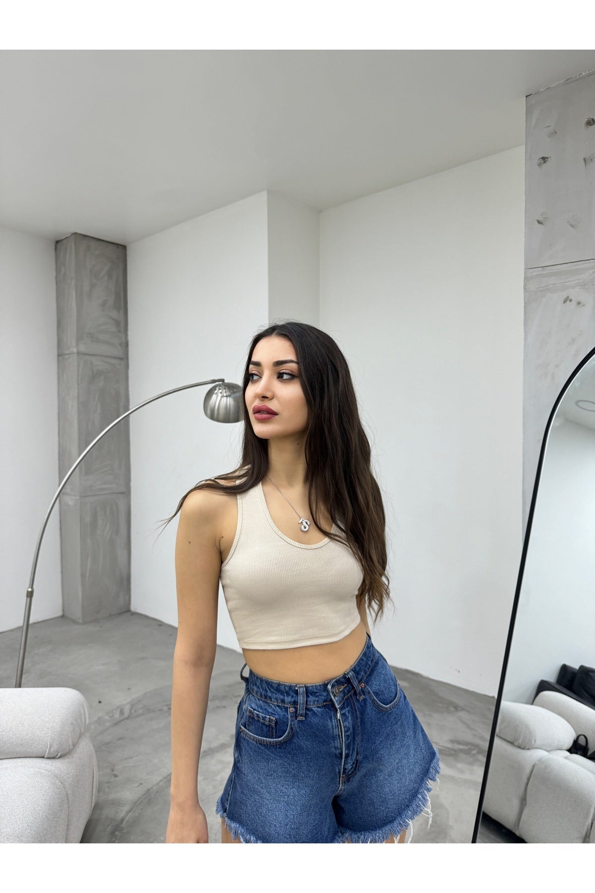 Kadın Oval Yaka Pamuklu fitilli Kaşkorse Crop Atlet Krem - MALLTURK