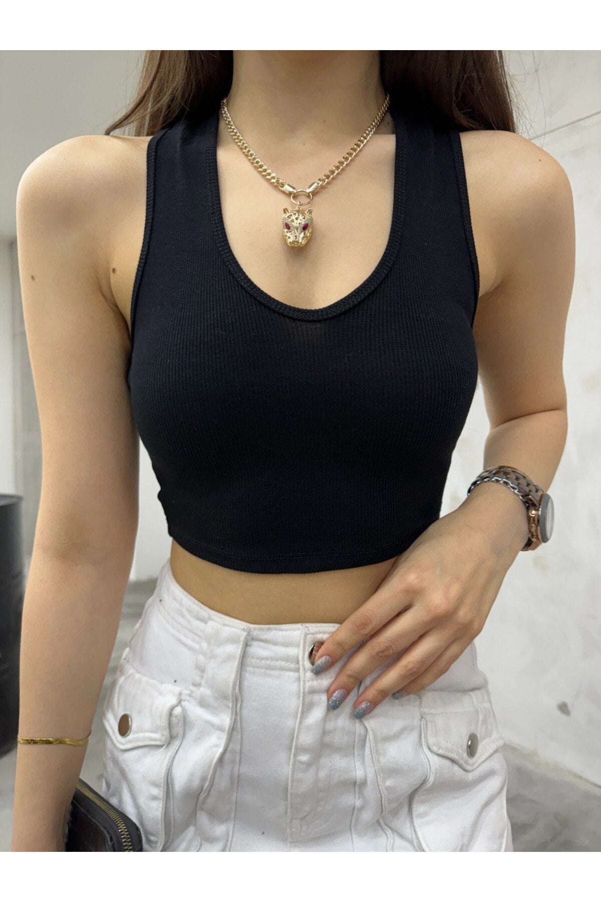 Kadın Oval Yaka Pamuklu fitilli Kaşkorse Crop Atlet siyah - MALLTURK