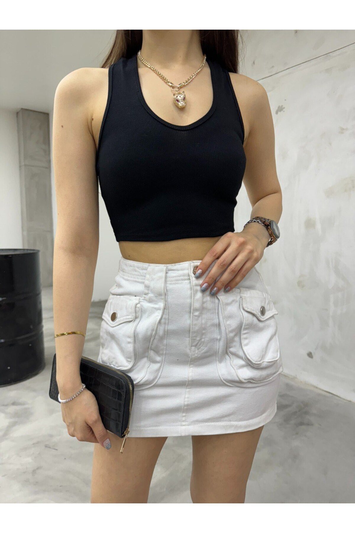 Kadın Oval Yaka Pamuklu fitilli Kaşkorse Crop Atlet siyah - MALLTURK