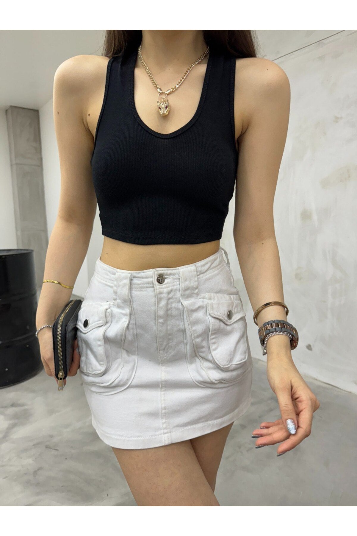 Kadın Oval Yaka Pamuklu fitilli Kaşkorse Crop Atlet siyah - MALLTURK