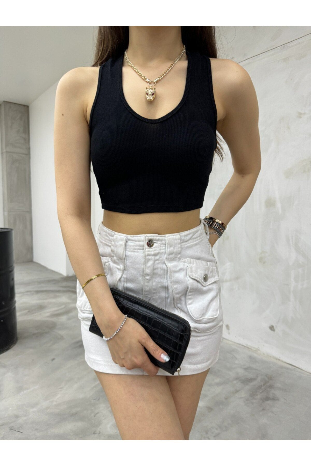 Kadın Oval Yaka Pamuklu fitilli Kaşkorse Crop Atlet siyah - MALLTURK