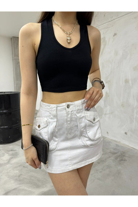 Kadın Oval Yaka Pamuklu fitilli Kaşkorse Crop Atlet siyah - MALLTURK