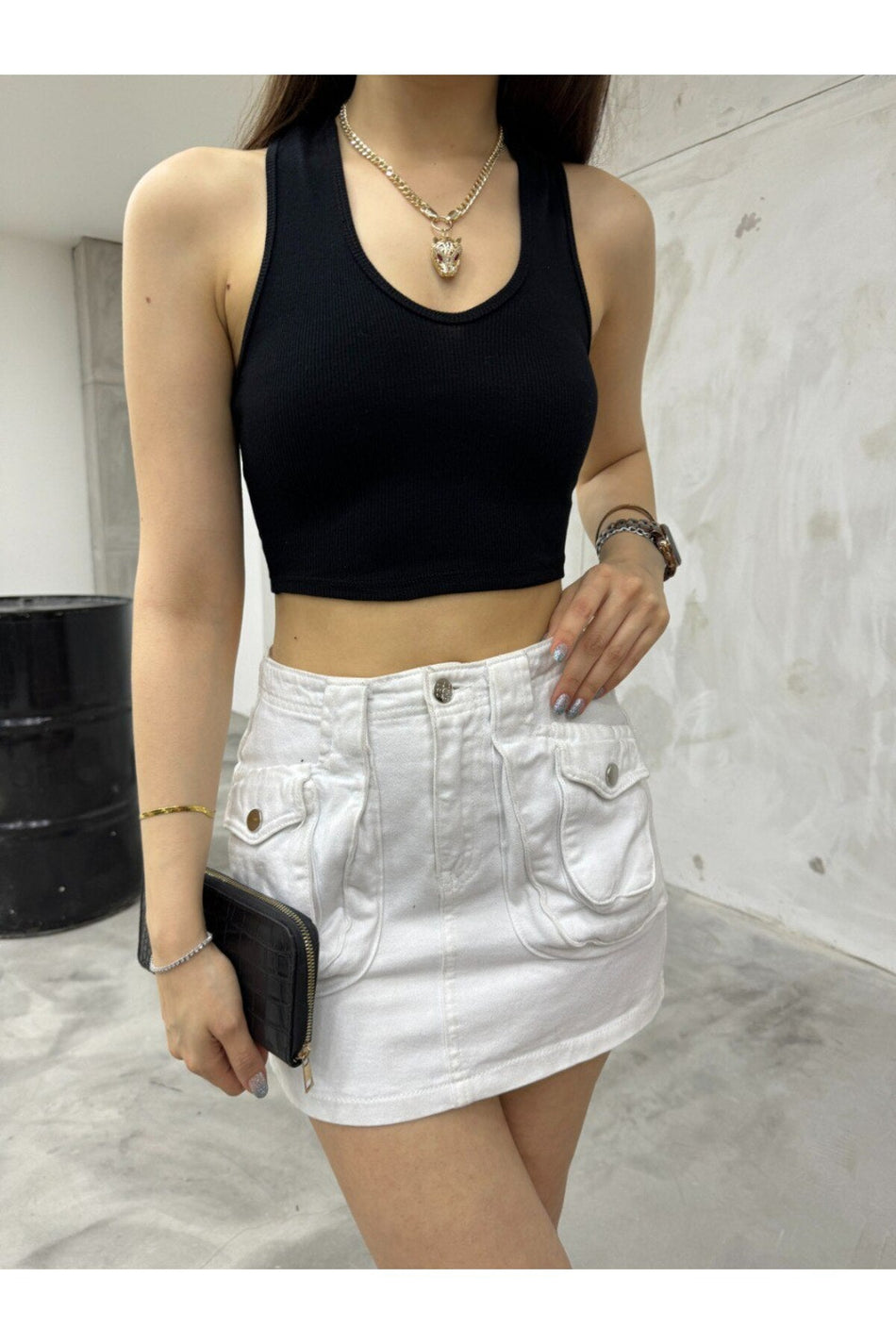 Kadın Oval Yaka Pamuklu fitilli Kaşkorse Crop Atlet siyah - MALLTURK