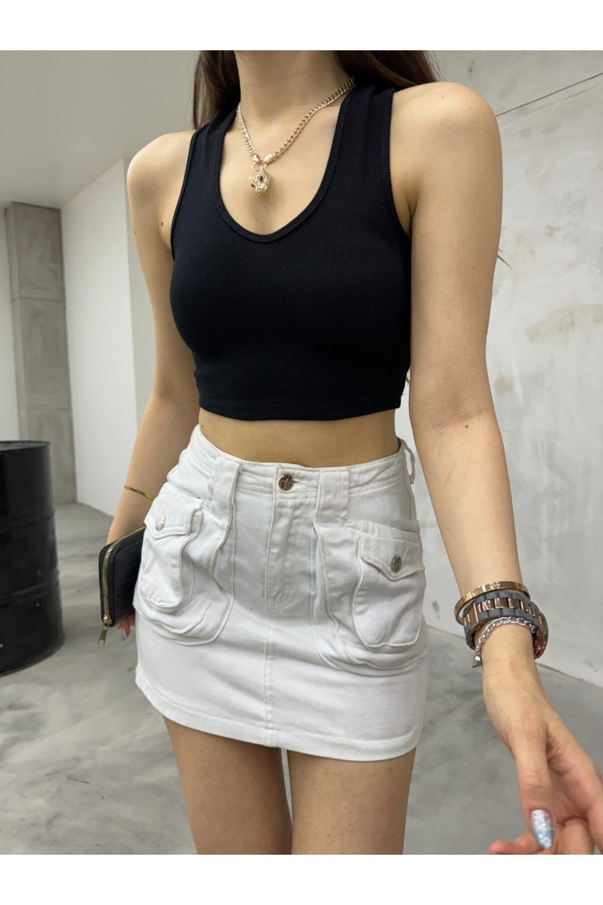 Kadın Oval Yaka Pamuklu fitilli Kaşkorse Crop Atlet siyah - MALLTURK