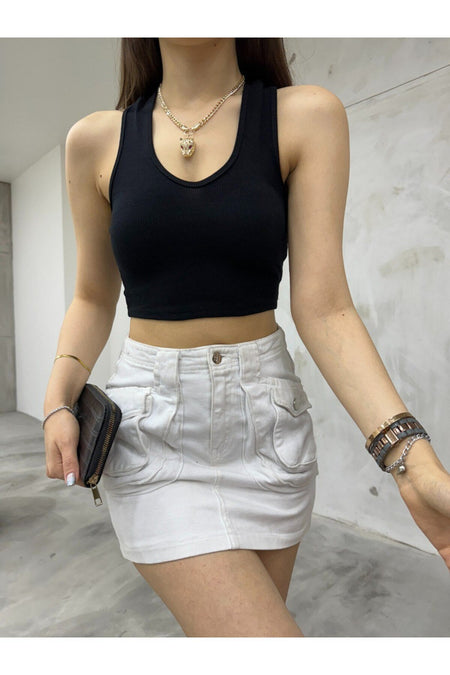 Kadın Oval Yaka Pamuklu fitilli Kaşkorse Crop Atlet siyah - MALLTURK