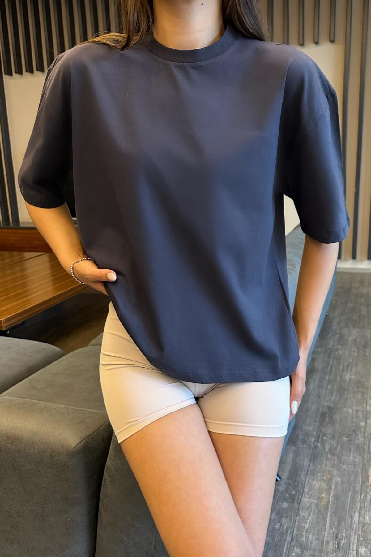 Kadın Oversize Basic Pamuklu T-Shirt İndigo - MALLTURK