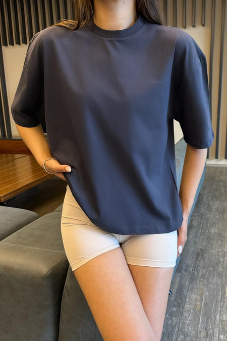 Kadın Oversize Basic Pamuklu T-Shirt İndigo - MALLTURK