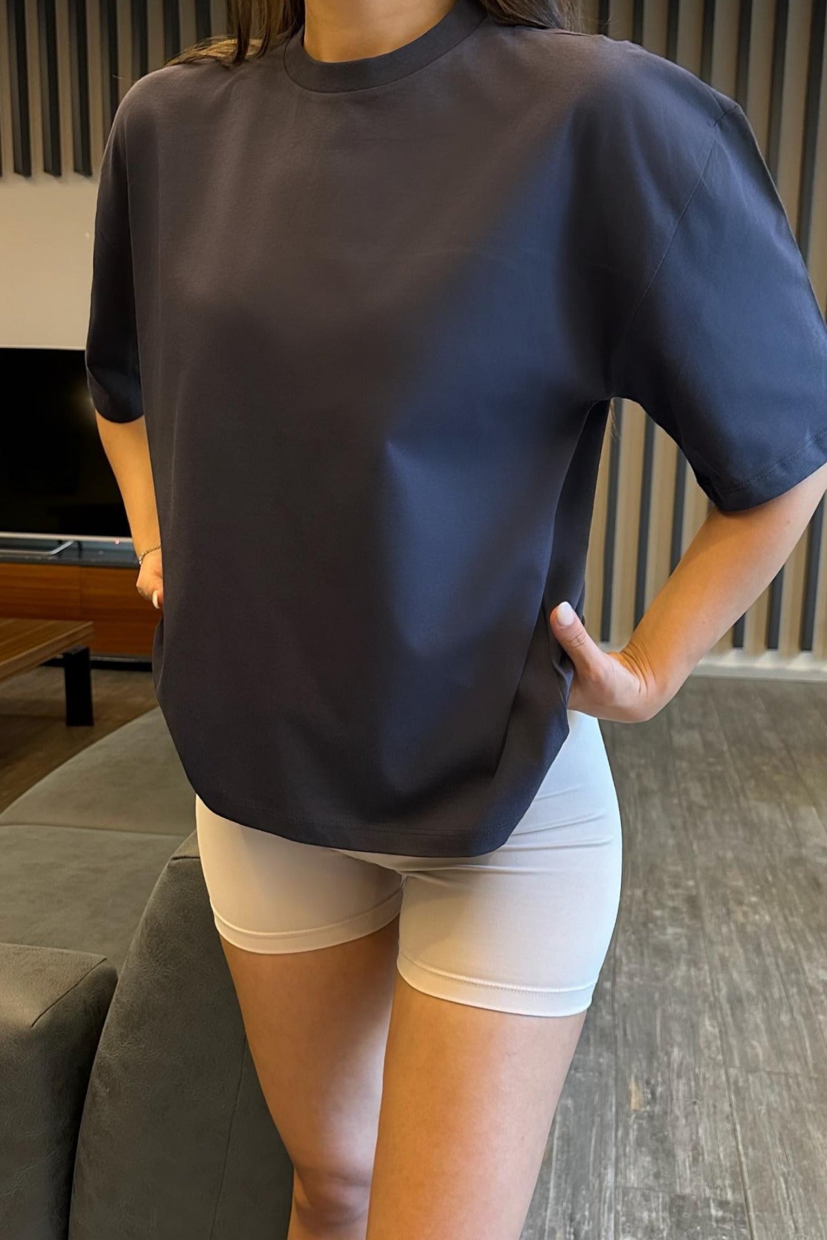 Kadın Oversize Basic Pamuklu T-Shirt İndigo - MALLTURK