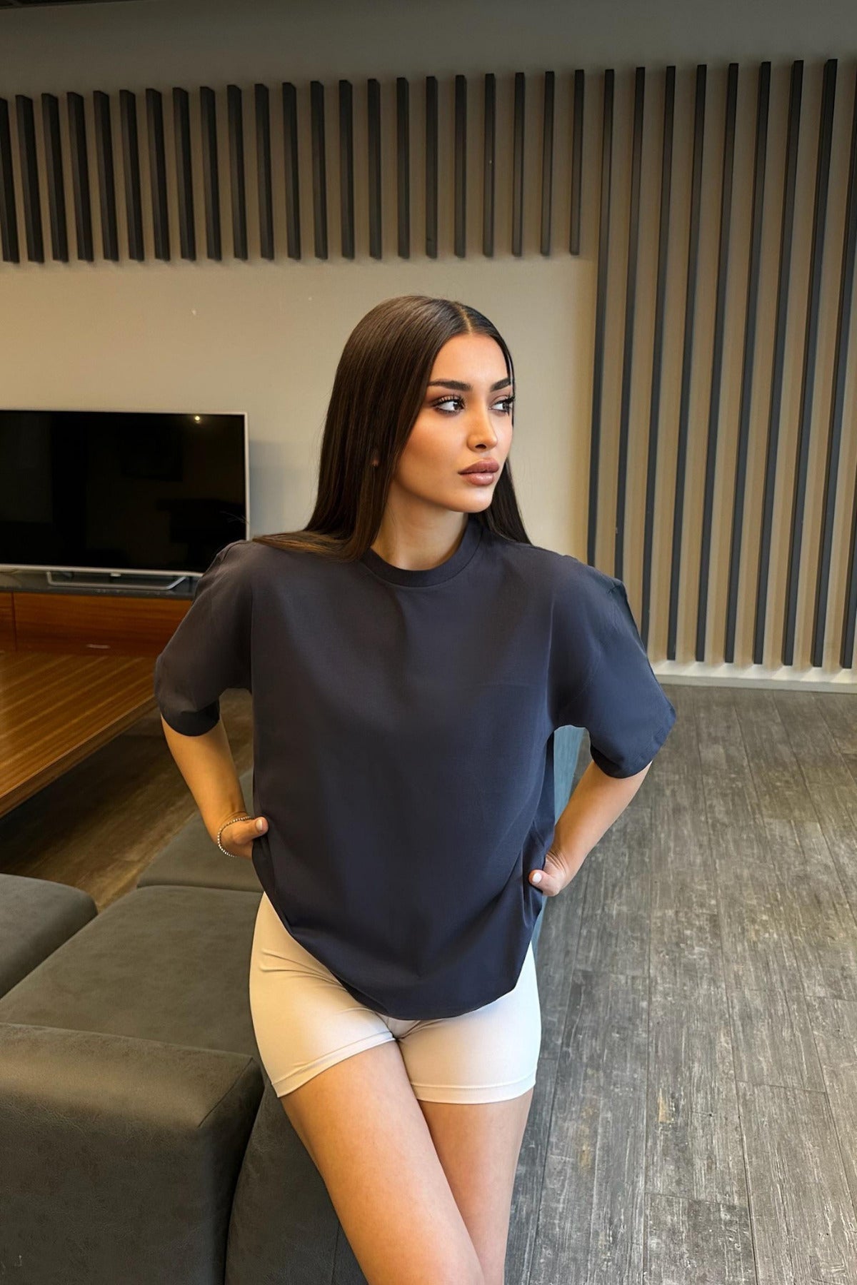 Kadın Oversize Basic Pamuklu T-Shirt İndigo - MALLTURK