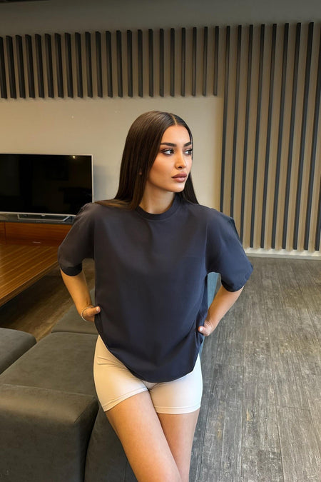 Kadın Oversize Basic Pamuklu T-Shirt İndigo - MALLTURK