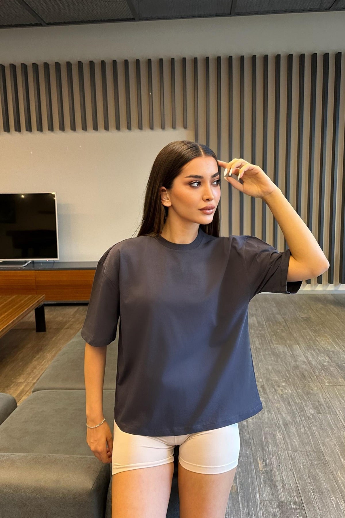 Kadın Oversize Basic Pamuklu T-Shirt İndigo - MALLTURK