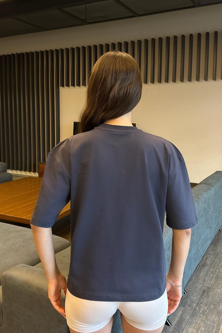 Kadın Oversize Basic Pamuklu T-Shirt İndigo - MALLTURK