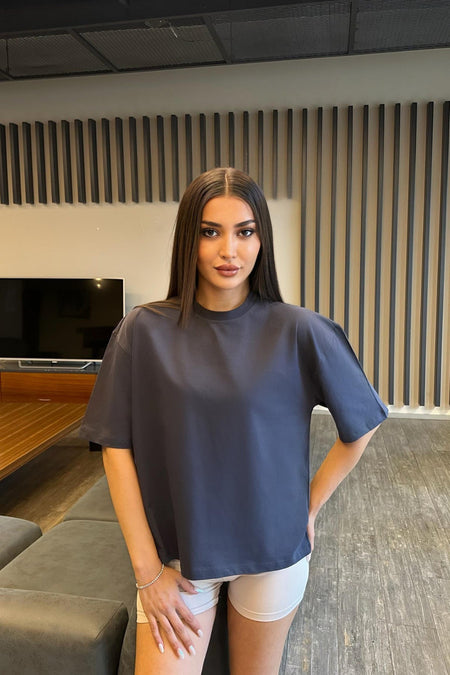 Kadın Oversize Basic Pamuklu T-Shirt İndigo - MALLTURK