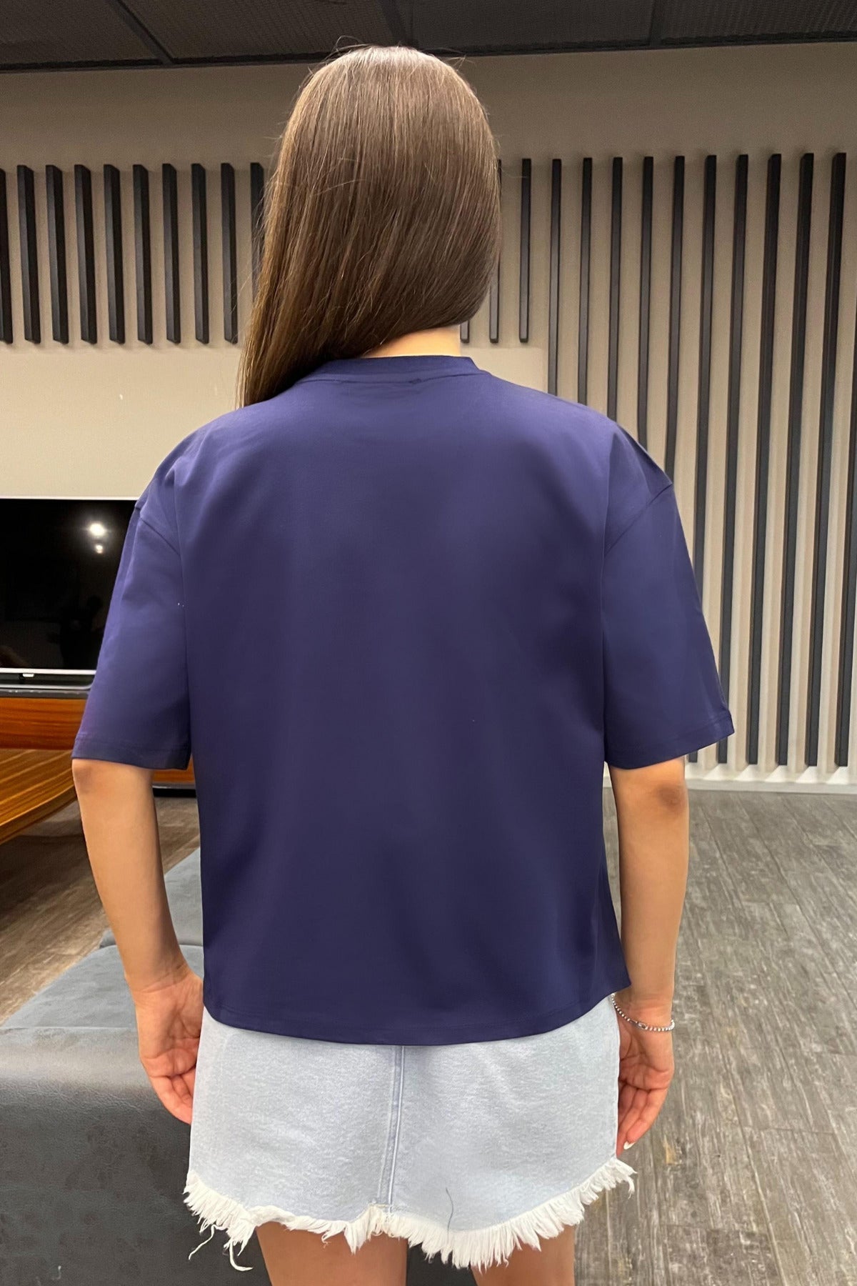 Kadın Oversize Basic Pamuklu T-Shirt Lacivert - MALLTURK