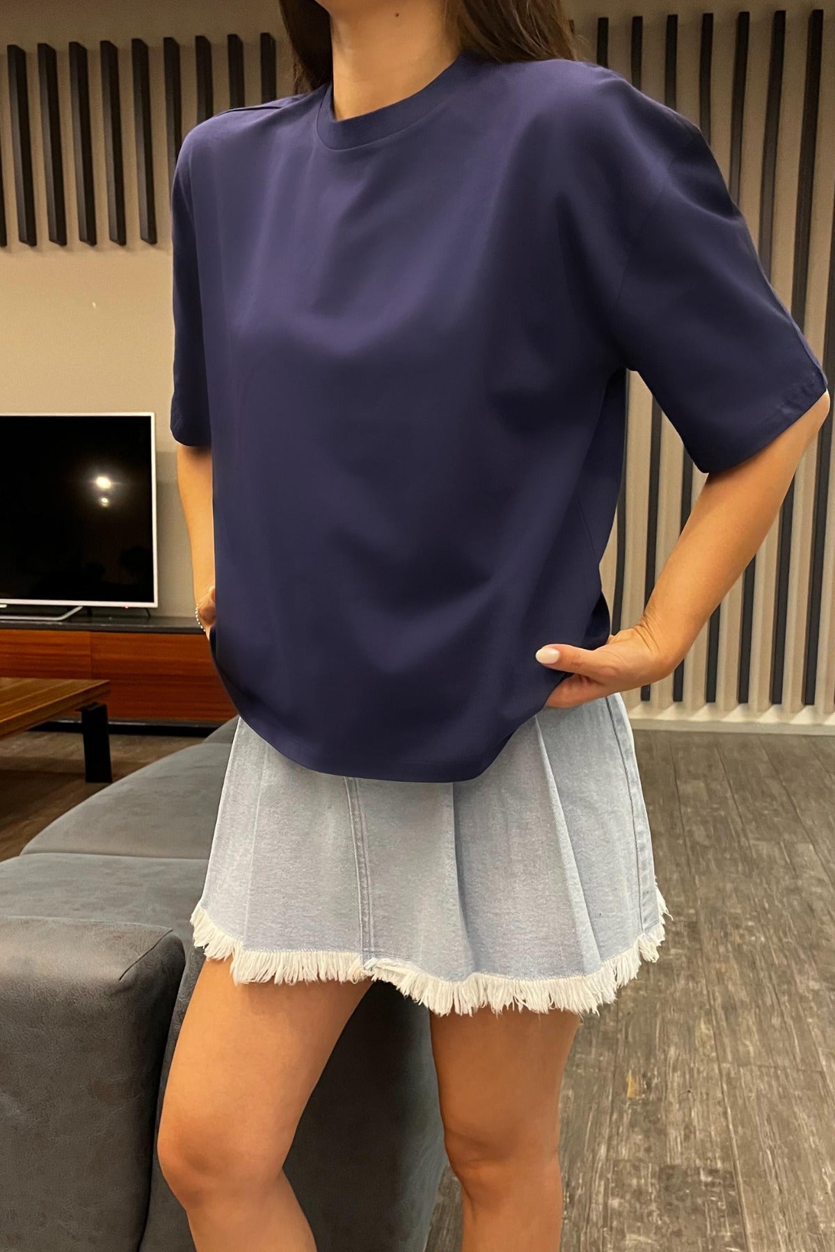 Kadın Oversize Basic Pamuklu T-Shirt Lacivert - MALLTURK