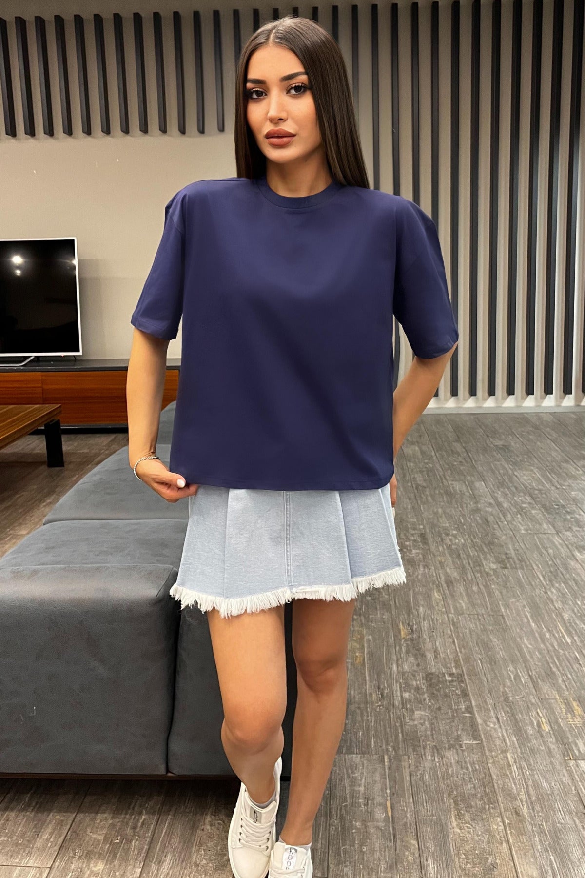 Kadın Oversize Basic Pamuklu T-Shirt Lacivert - MALLTURK