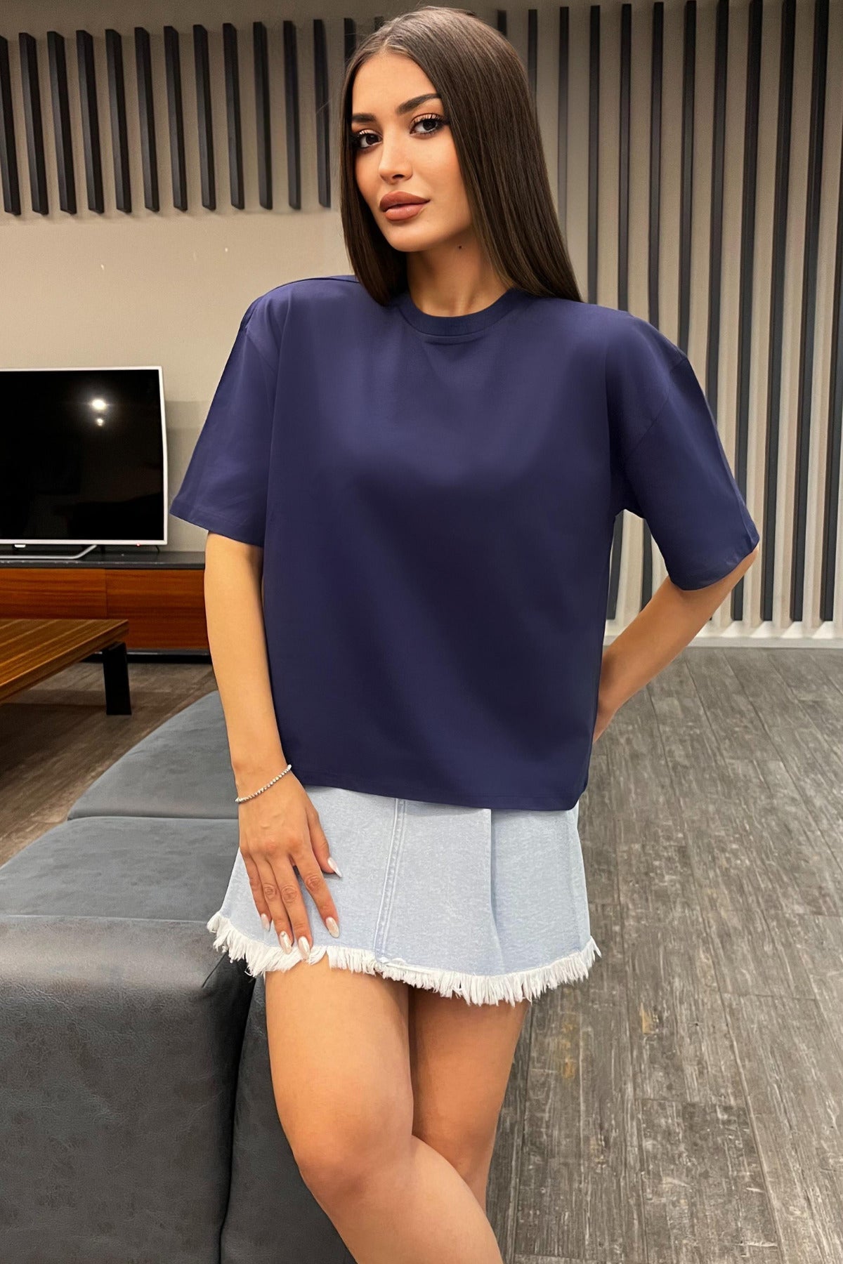 Kadın Oversize Basic Pamuklu T-Shirt Lacivert - MALLTURK