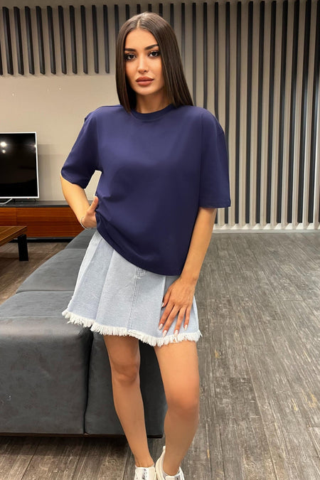 Kadın Oversize Basic Pamuklu T-Shirt Lacivert - MALLTURK
