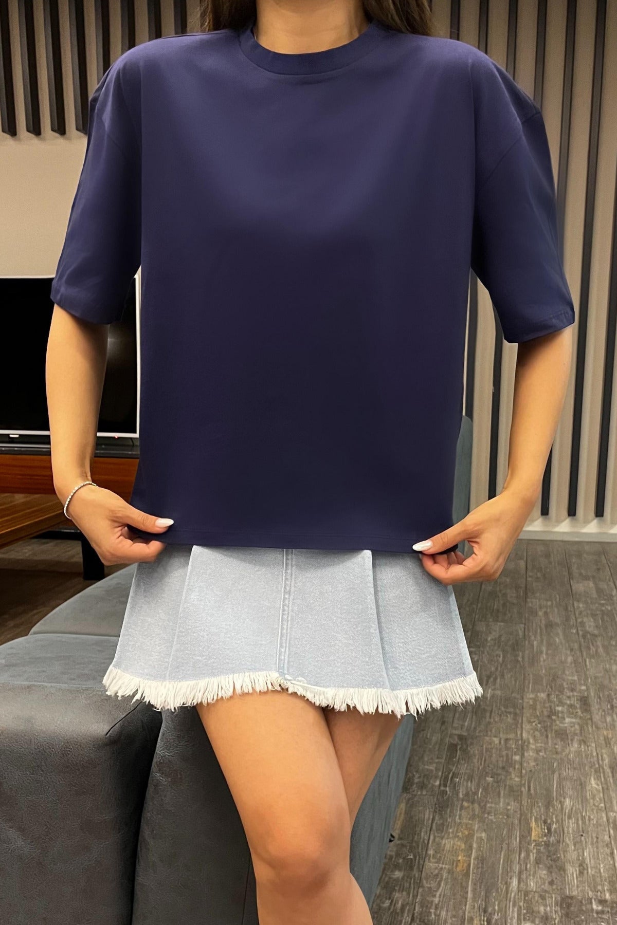 Kadın Oversize Basic Pamuklu T-Shirt Lacivert - MALLTURK