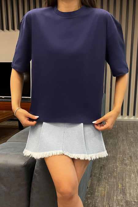Kadın Oversize Basic Pamuklu T-Shirt Lacivert - MALLTURK