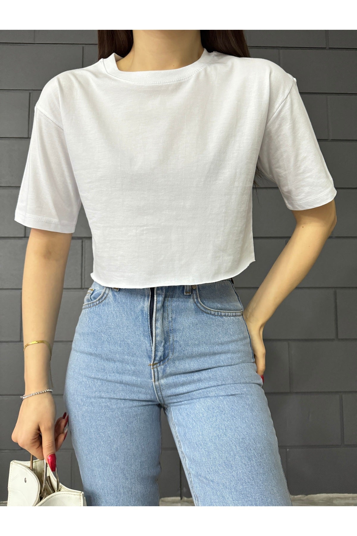 Kadın Oversize Crop T-Shirt BEYAZ - MALLTURK