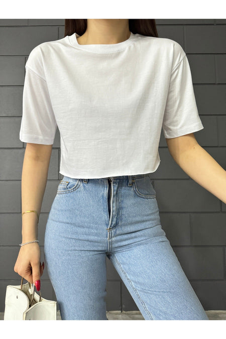 Kadın Oversize Crop T-Shirt BEYAZ - MALLTURK