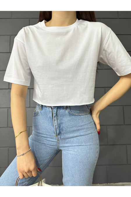Kadın Oversize Crop T-Shirt BEYAZ - MALLTURK