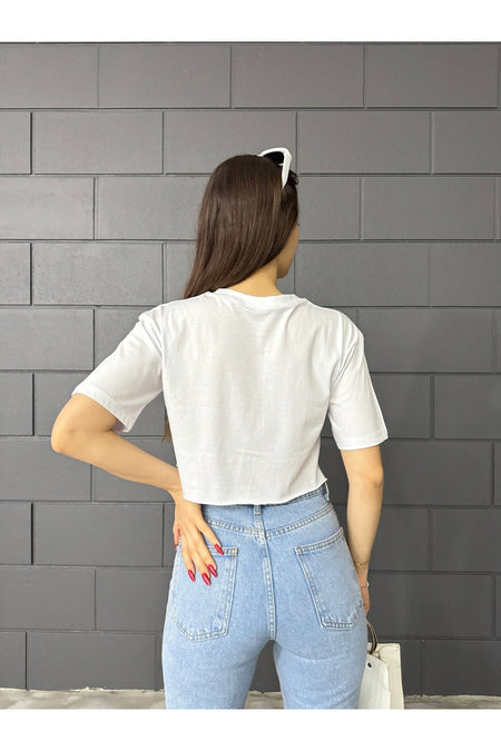 Kadın Oversize Crop T-Shirt BEYAZ - MALLTURK